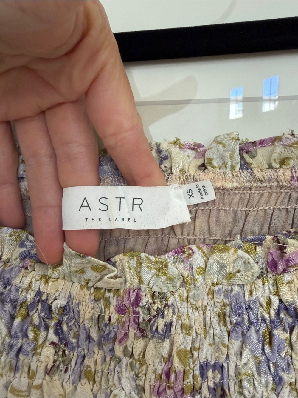 Astr Floral Smocked Puff-Sleeve Blouse in Cream, Lavender & Green - Picture 3 of 3